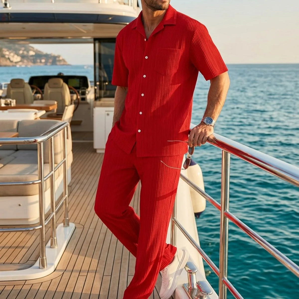 Ensemble Homme Chemise Col Cranté Manches Courtes + Short Cordon Casual Plage Yacht Été 7 Coloris – CLEVI Paris