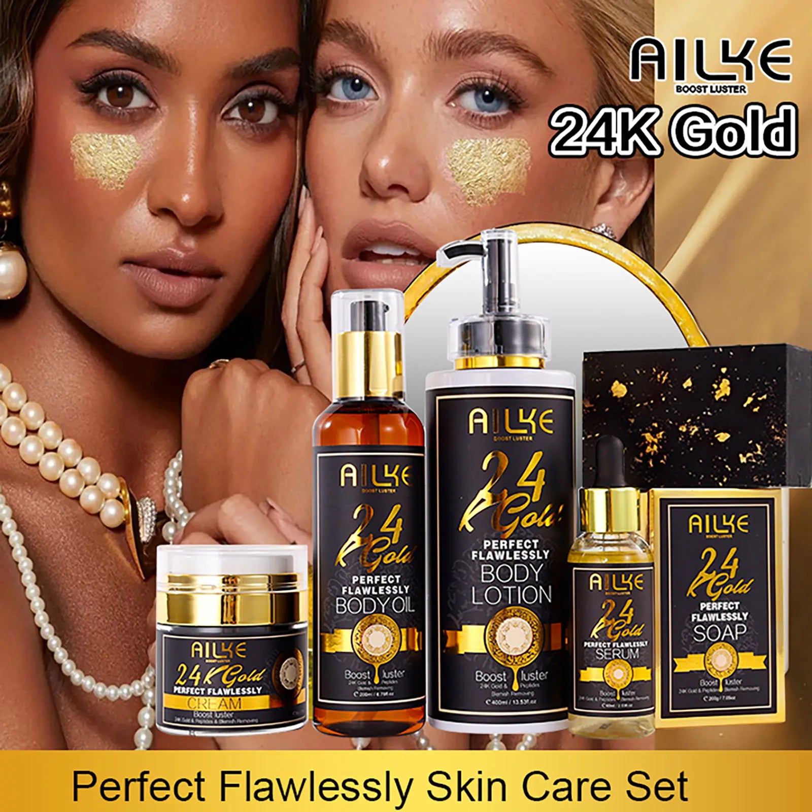 Gamme Soins AILKE 24K Gold Perfect Flawlessly – Crème, Savon & Huile Corps – Éclaircissant Anti-Taches – CLEVI Paris
