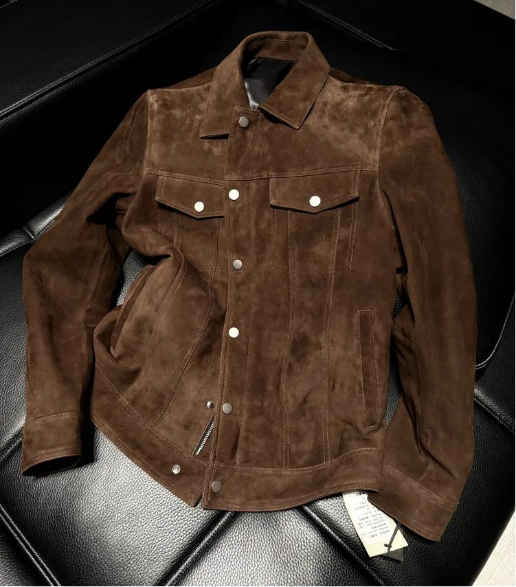 Veste homme marron aspect daim à col rabattu – CLEVI Paris