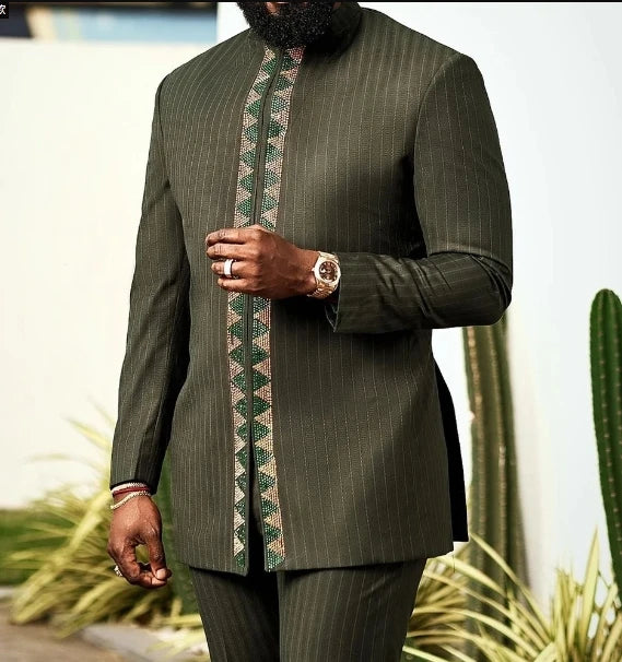 Ensemble Kaftan Homme Col Rond Manches Longues Tenue Africaine Traditionnelle 2 Pièces – CLEVI Paris