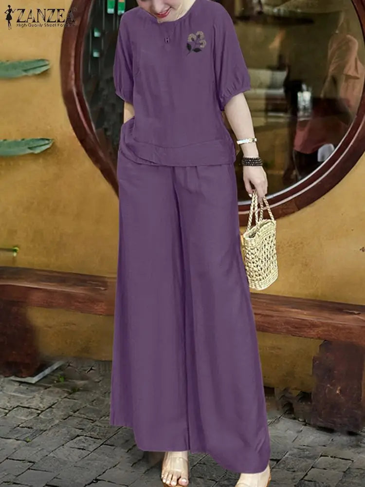 Ensemble 2 Pièces Femme Blouse Manches Bouffantes Broderie Florale + Pantalon Large Casual Bohème – CLEVI Paris
