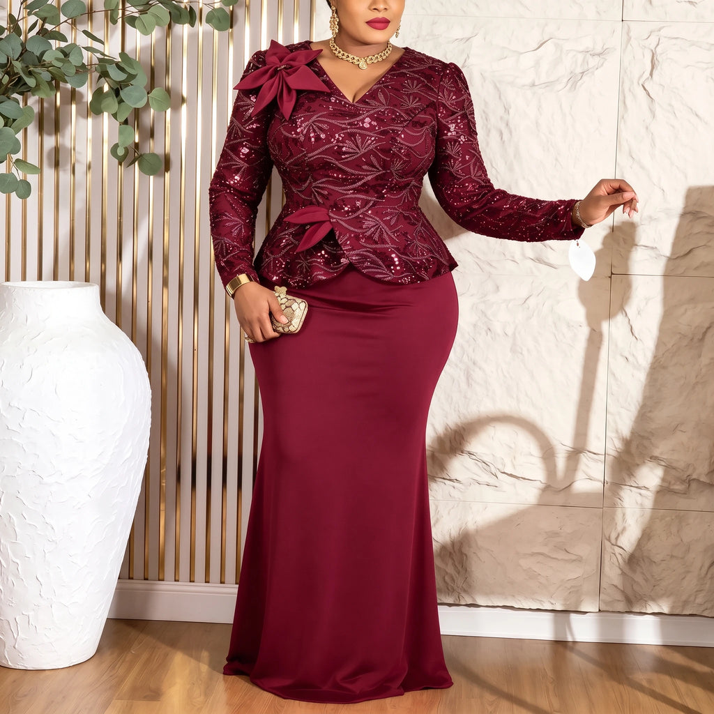 Robe longue à sequins col V manches longues – CLEVI Paris