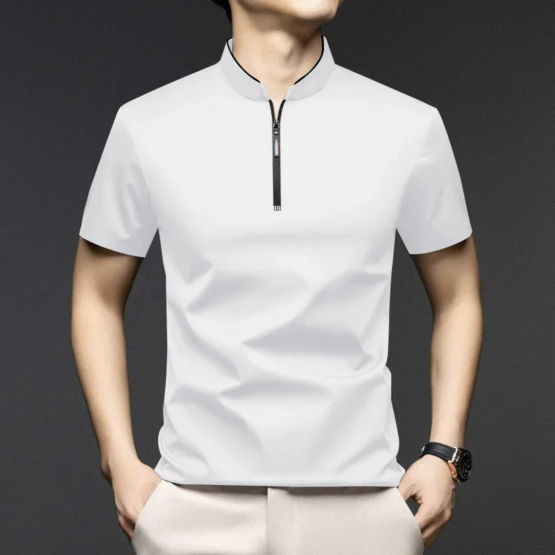 Polo Homme Casual Zip Col Montant Manches Courtes Uni Anti-Froissage S-4XL – CLEVI Paris