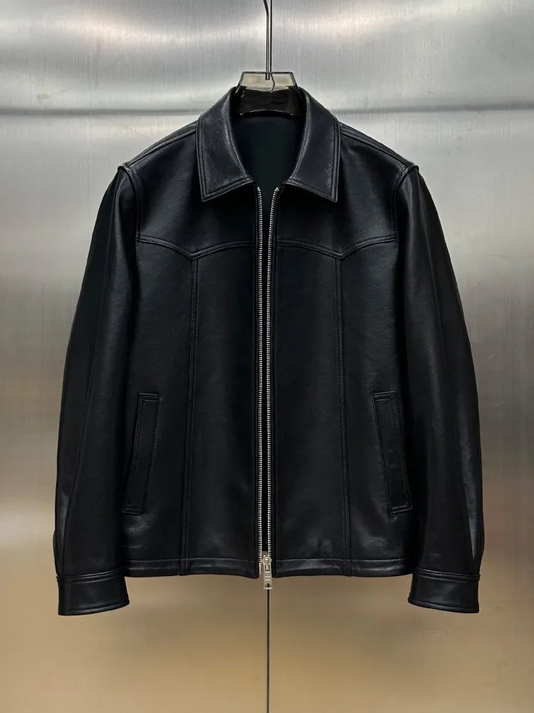 Veste homme en cuir de mouton noir zippée – CLEVI Paris