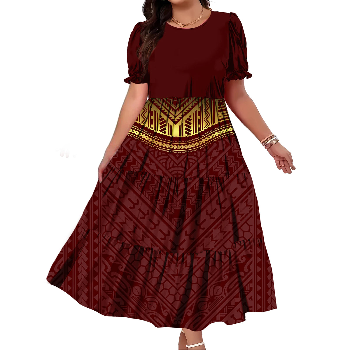 Robe Femme Longue Imprimé Polynésien Manches Bouffantes Ample Élégante – CLEVI Paris