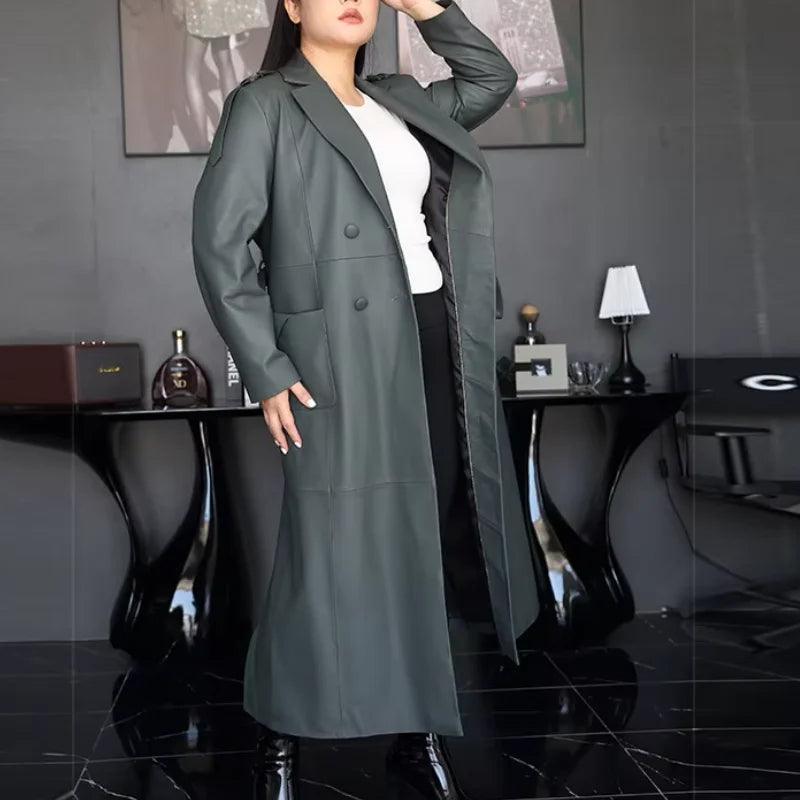Trench long femme en cuir ceinturé – CLEVI Paris