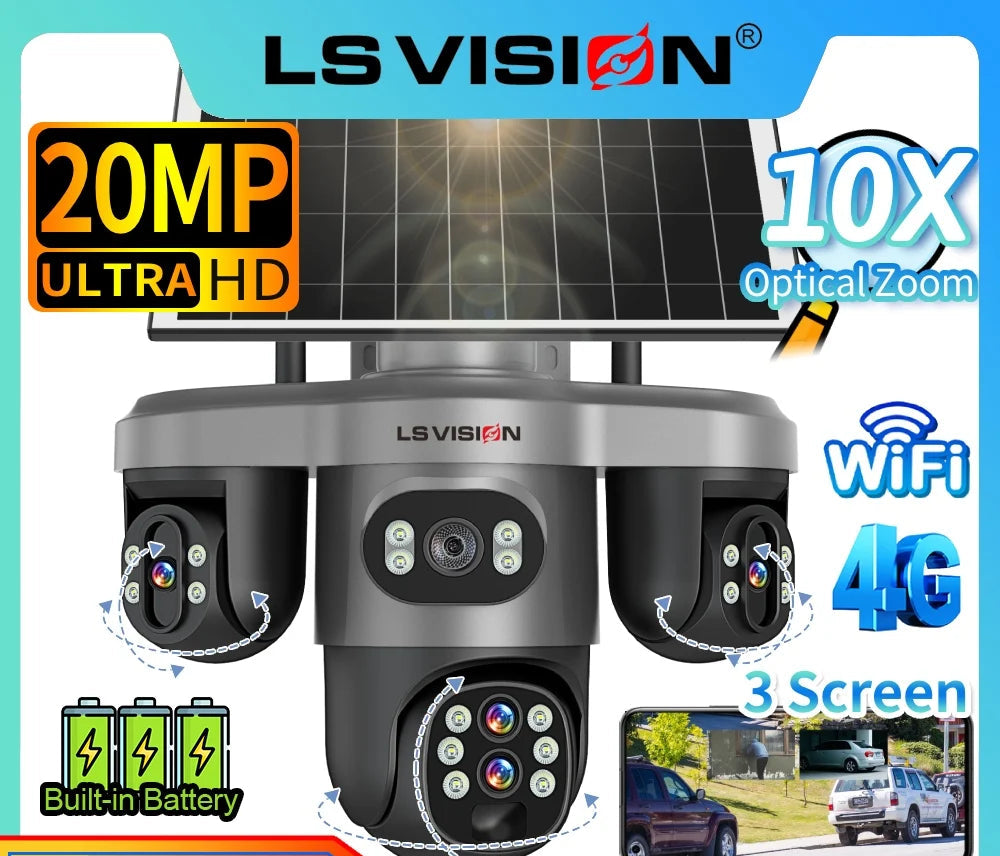 Caméra Solaire LS VISION 20MP 4 Objectifs 3 Écrans PTZ Zoom 10x 4G/Wi-Fi IP66 V380 Pro – CLEVI Paris
