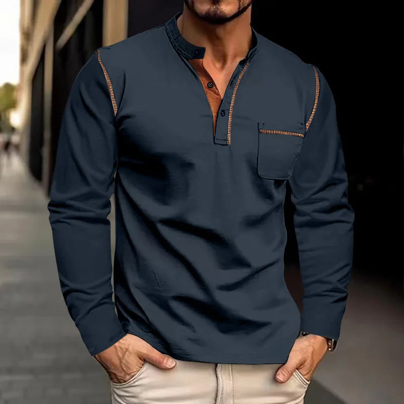 Chemise Homme Manches Longues Col Henley Poche Casual – CLEVI Paris