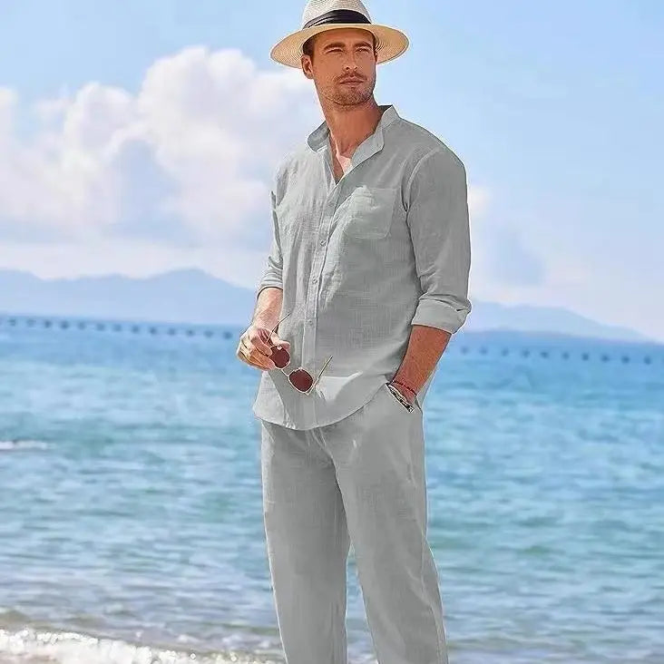 Ensemble 2 Pièces Homme Coton Lin Col Mao Chemise Manches Longues + Pantalon Style Casual Vintage – CLEVI Paris