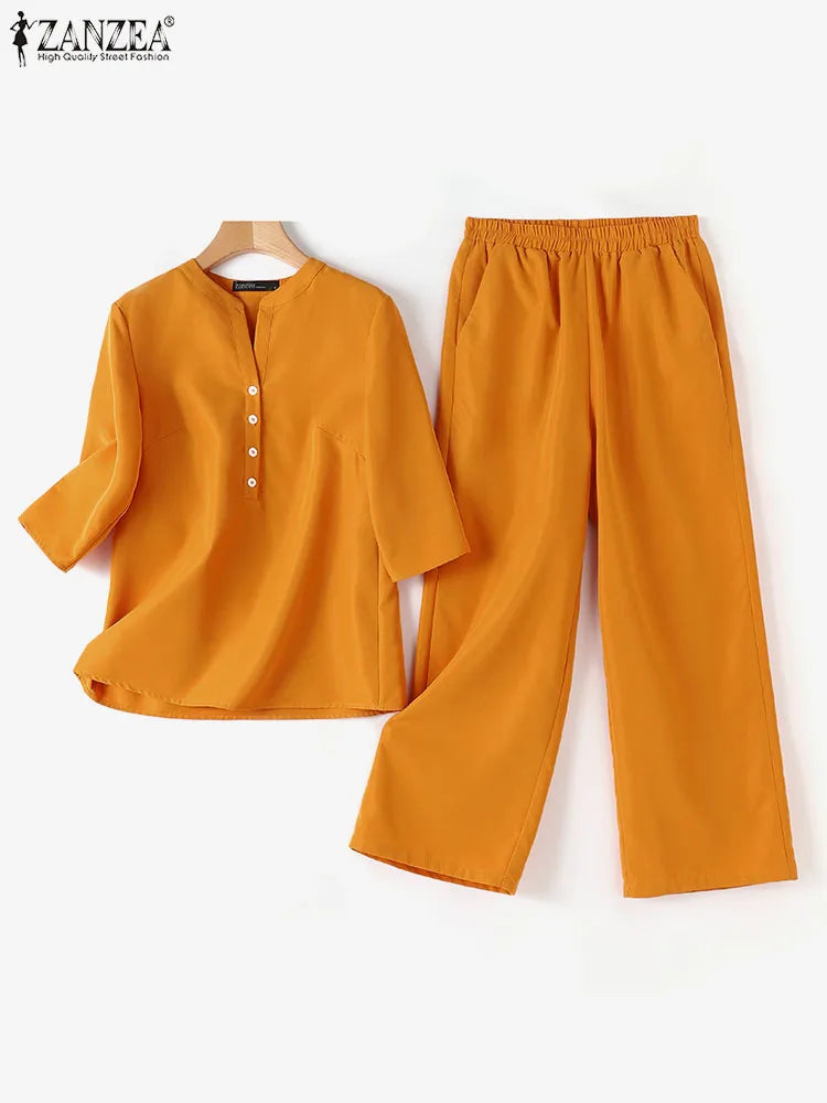 Ensemble 2 Pièces Femme Blouse Col V Manches 3/4 + Pantalon Large Taille Haute Casual Chic – CLEVI Paris