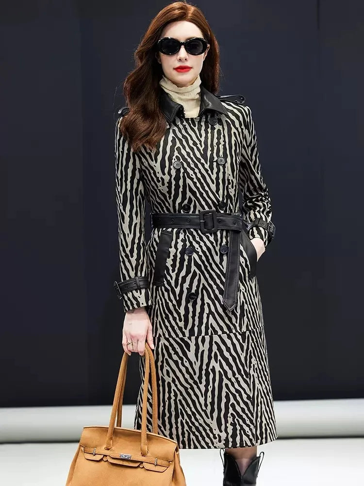 Trench femme cuir de mouton zébré ceinturé – CLEVI Paris
