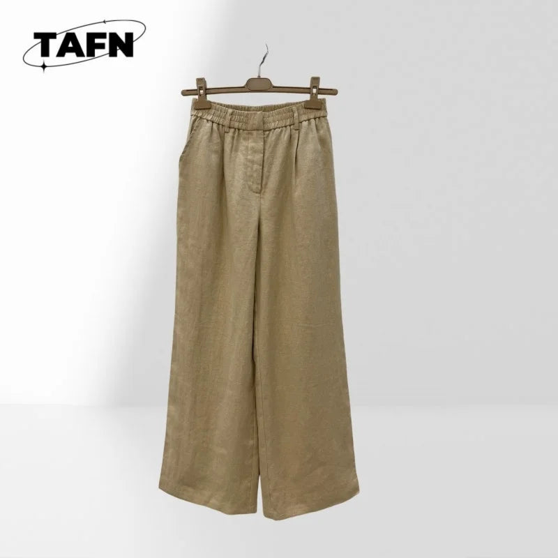 Pantalon Large Femme Taille Mi-Haute À Carreaux Coton Soie Coupe Ample Longueur Mollet Élégant OL Beige – CLEVI Paris