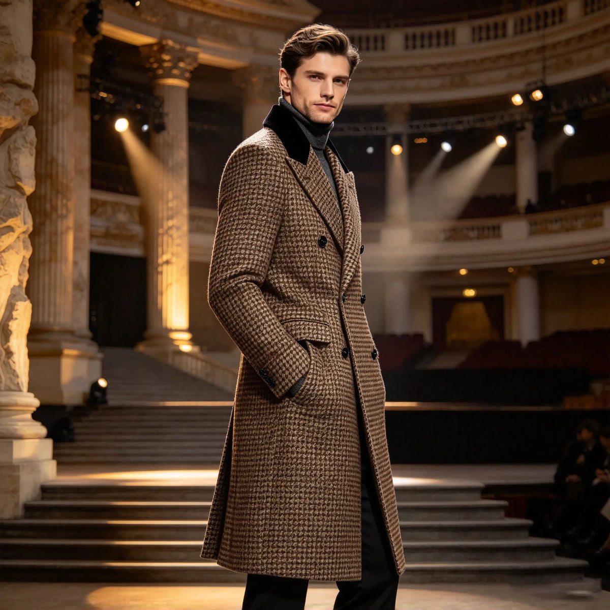 Manteau long homme pied-de-poule croisé – CLEVI Paris
