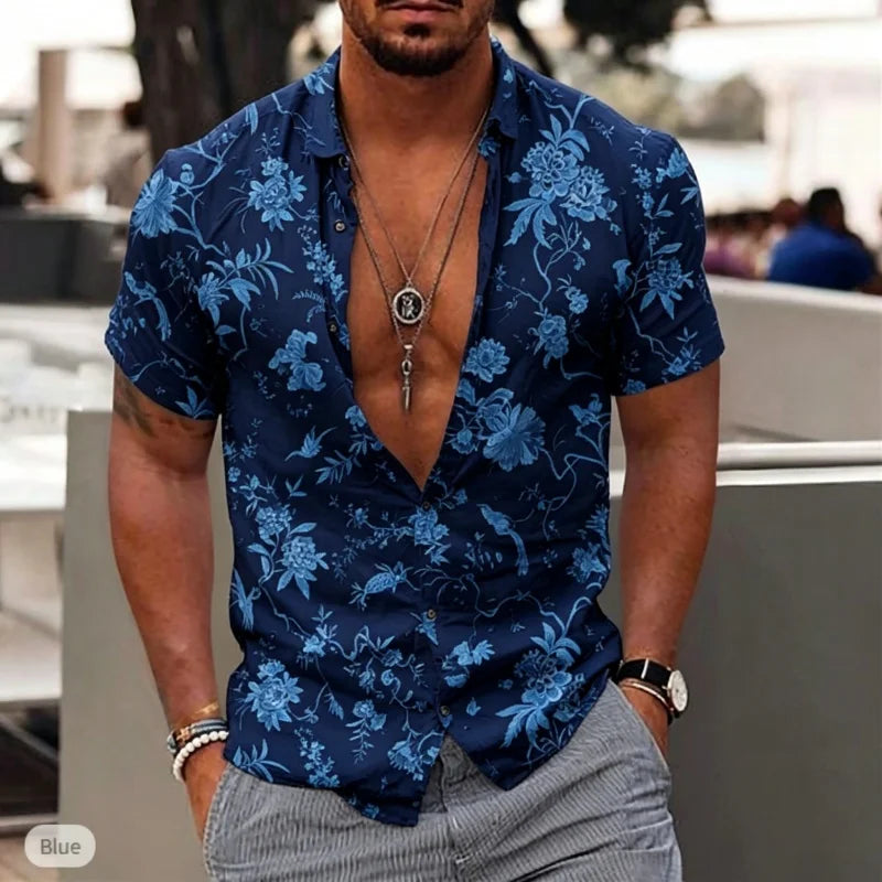 Chemise homme à motif porcelaine à manches courtes – CLEVI Paris