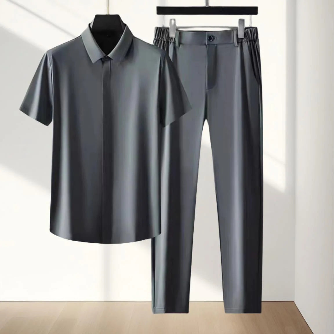 Ensemble 2 Pièces Homme T-shirt Col V Ice Silk + Pantalon Long Été Grande Taille KOLMAKOV – Bleu Marine & Gris, M à 5XL – CLEVI Paris