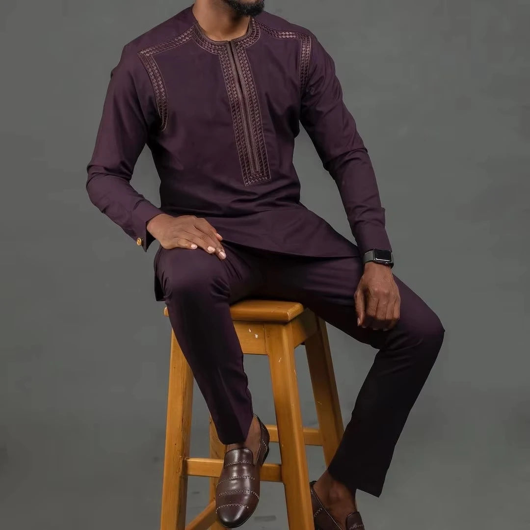 Ensemble 2 Pièces Homme Style Africain Chemise Manches Longues Col Rond + Pantalon Cordon Élégant XS-XXL – CLEVI Paris