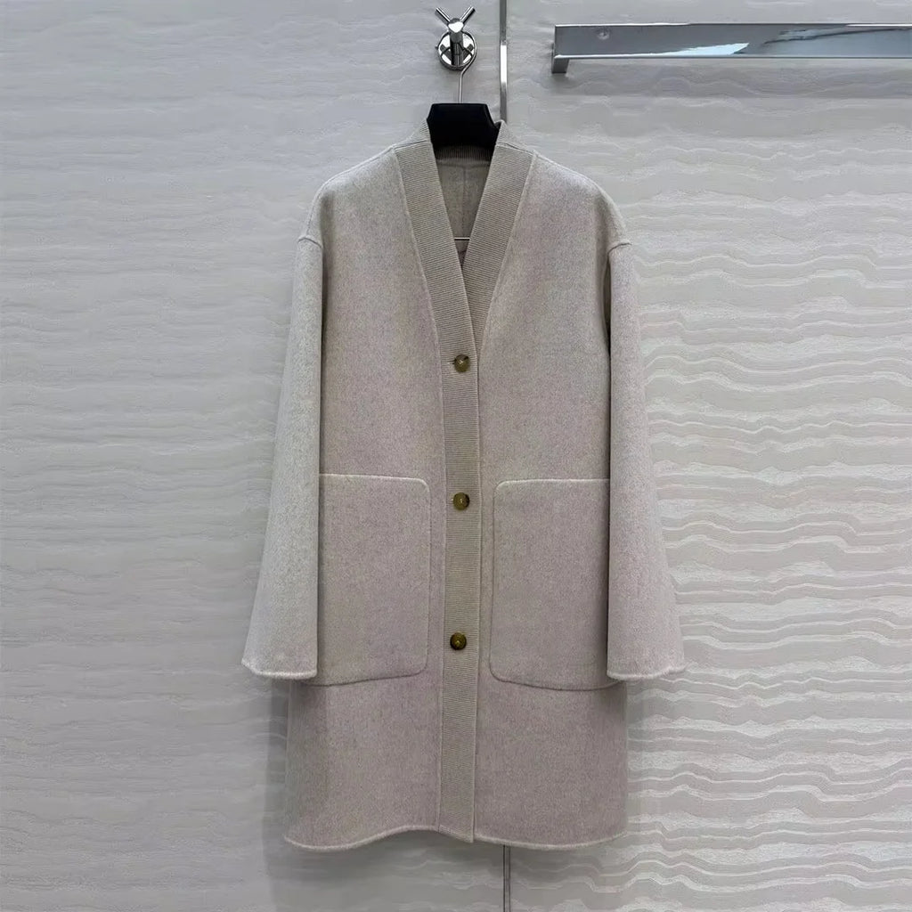 Manteau femme laine et cachemire col V – CLEVI Paris