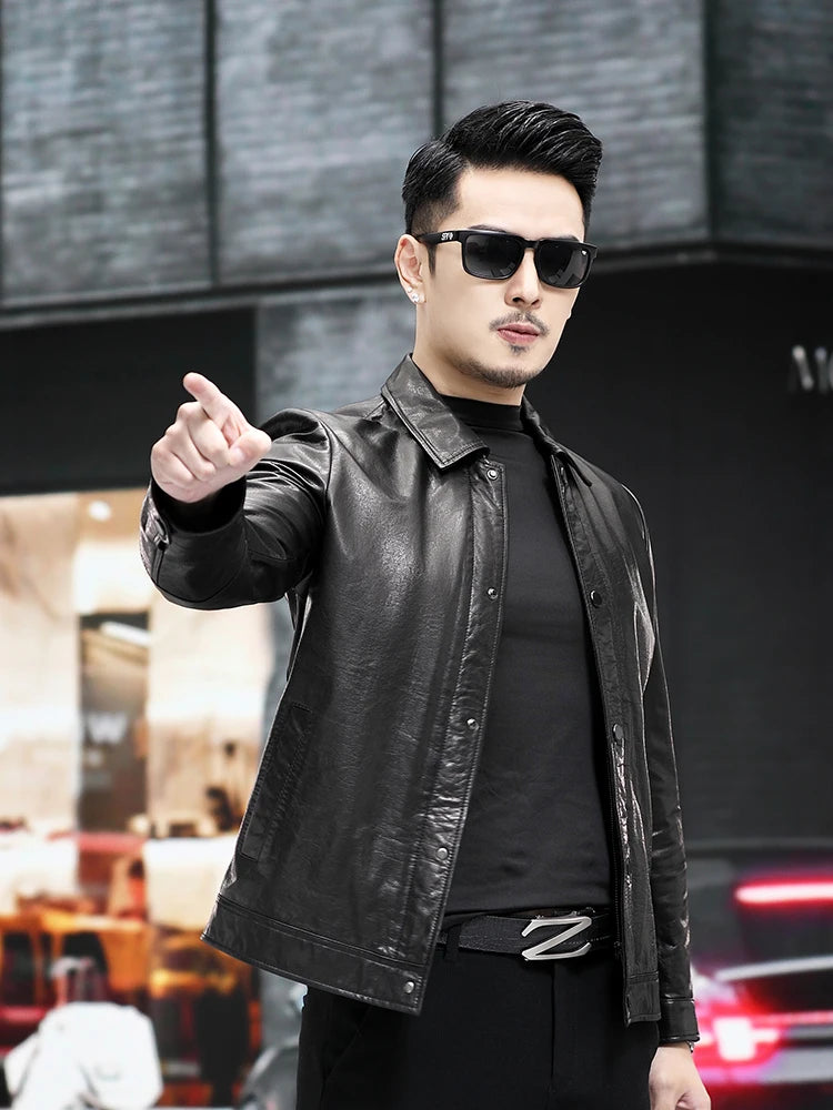 Veste homme en cuir noir boutonnée – CLEVI Paris