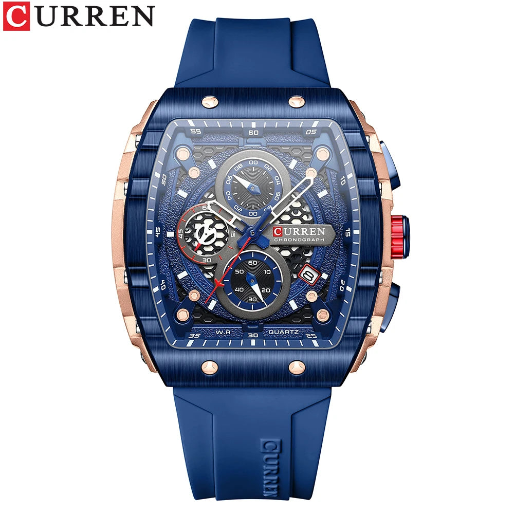 CURREN 8442 Montre Homme Quartz Carrée Chronographe Silicone Lumineux 30M – CLEVI Paris