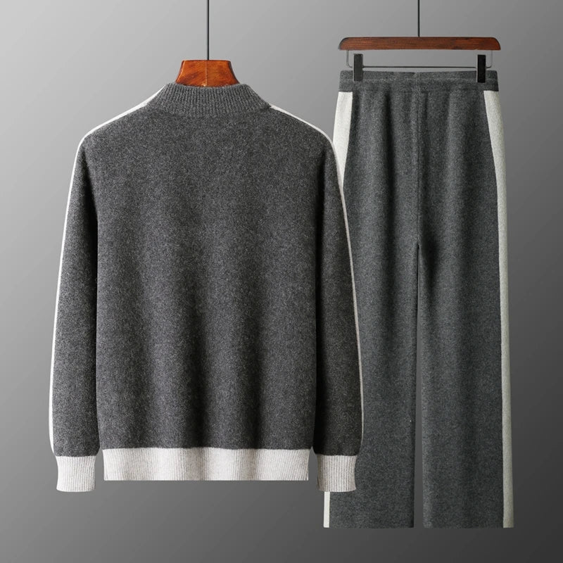 Ensemble Jogging Homme 100% Laine Mérinos MVLYFLRT – Cardigan Zippé + Pantalon Tricot Épais – Gris, S à XXL – CLEVI Paris