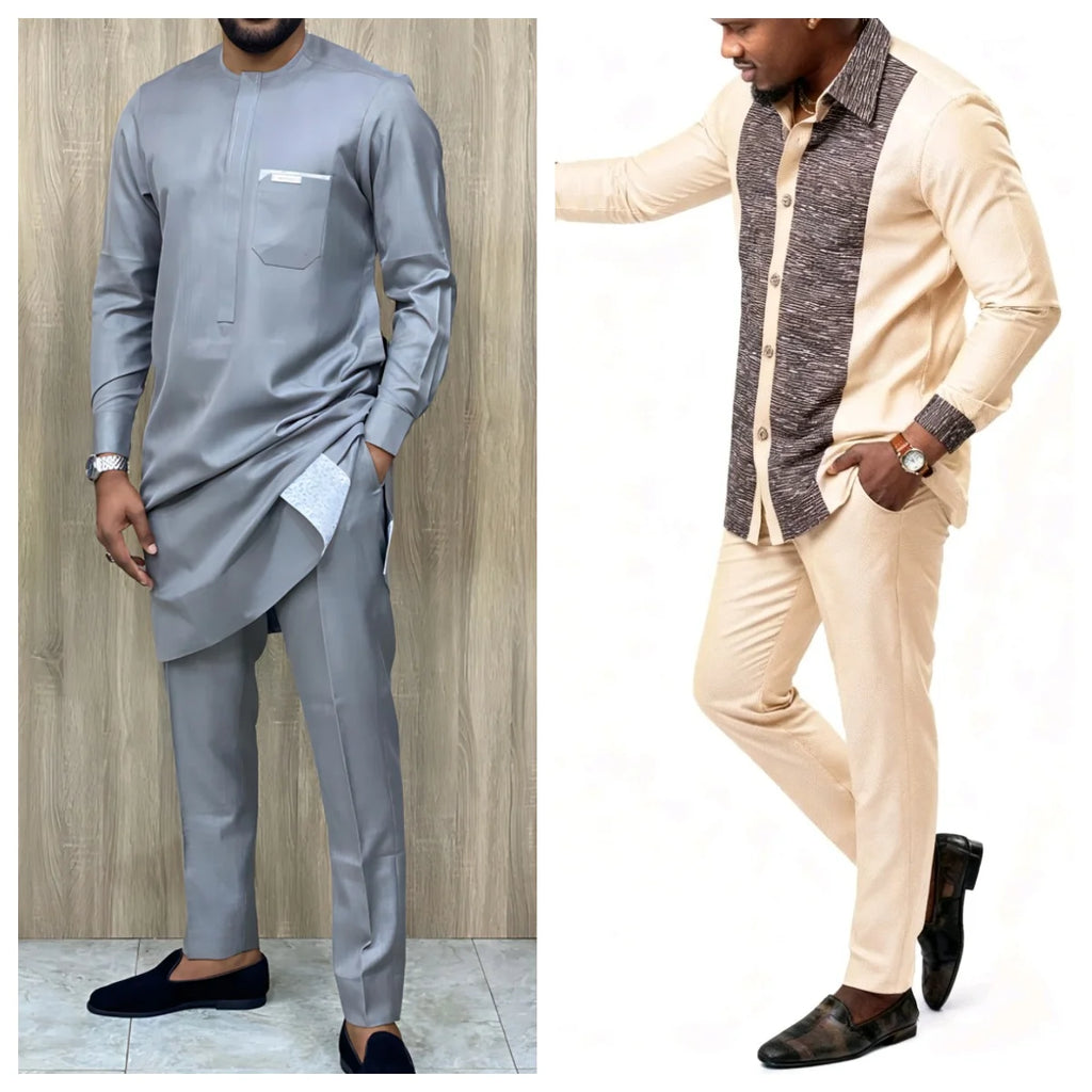 Kaftan Agbada Homme Style Africain 2 Pièces Veste Manches Longues + Pantalon Mariage Cérémonie S-XXL – CLEVI Paris