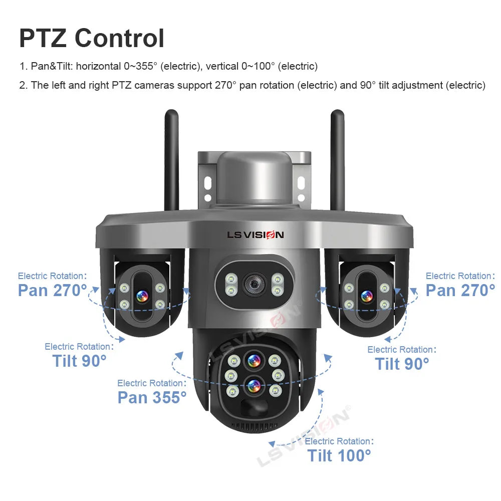 Caméra Solaire LS VISION 20MP 4 Objectifs 3 Écrans PTZ Zoom 10x 4G/Wi-Fi IP66 V380 Pro – CLEVI Paris