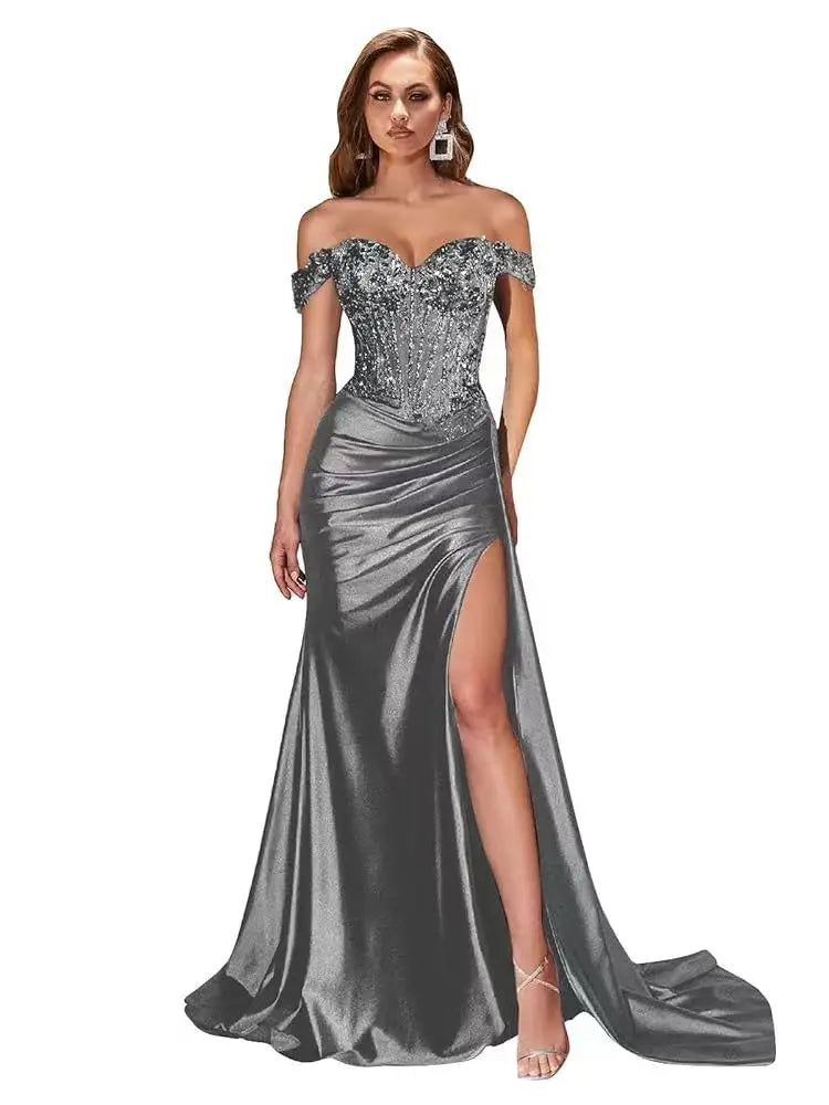 Robe de bal sirène en satin perlé – CLEVI Paris