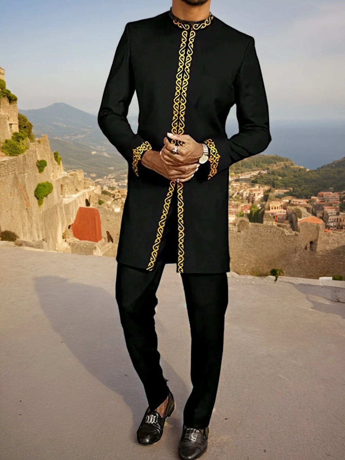 Kaftan Dashiki Homme 2 Pièces Brodé Manches Longues Col Rond + Pantalon Élastique Style Africain Mariage Fête M-4XL – CLEVI Paris