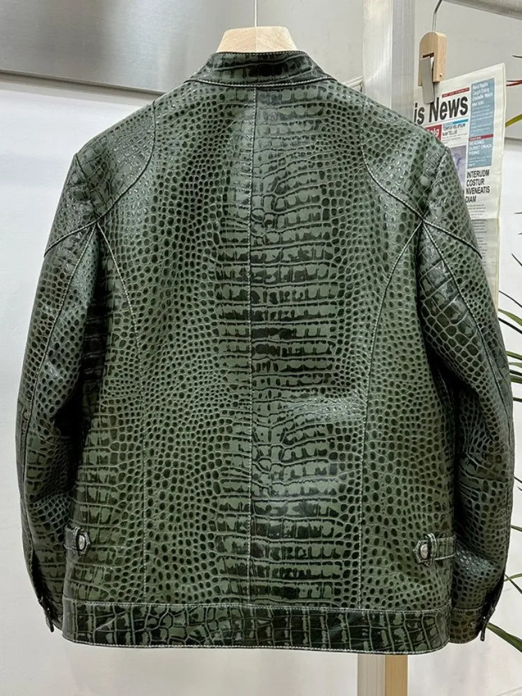 Blouson homme en cuir vert motif crocodile – CLEVI Paris