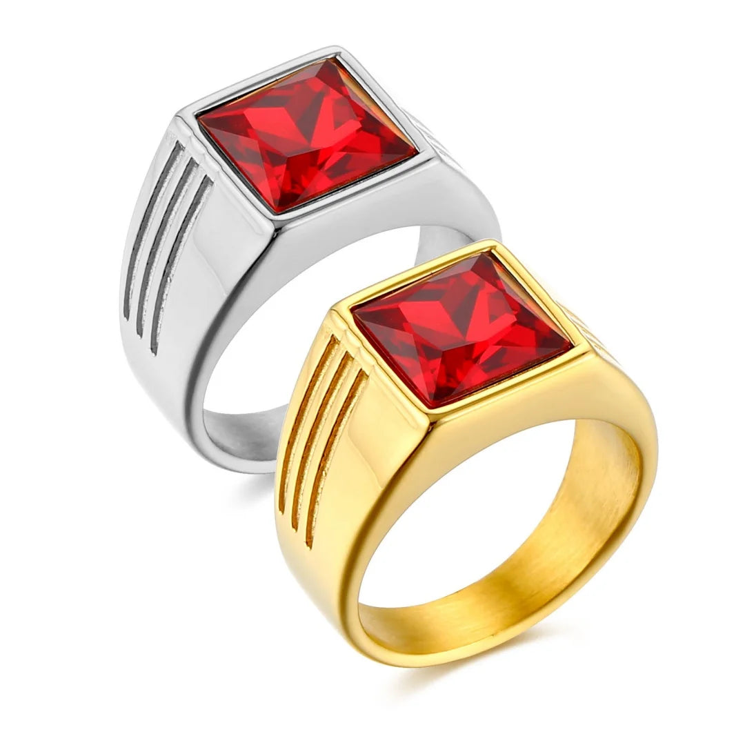 Bague carrée homme en acier et zircon rouge – CLEVI Paris