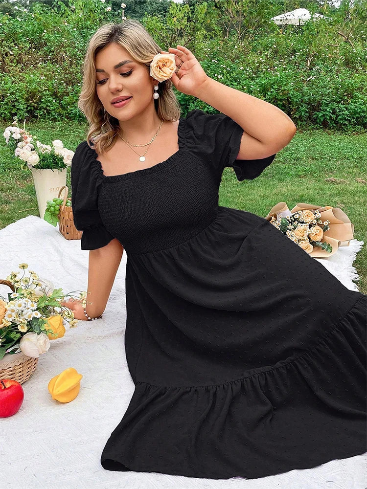Robe Femme Grande Taille Col Carré Manches Bouffantes Nœud Dos – CLEVI Paris