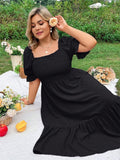 Robe Femme Grande Taille Col Carré Manches Bouffantes Nœud Dos – CLEVI Paris