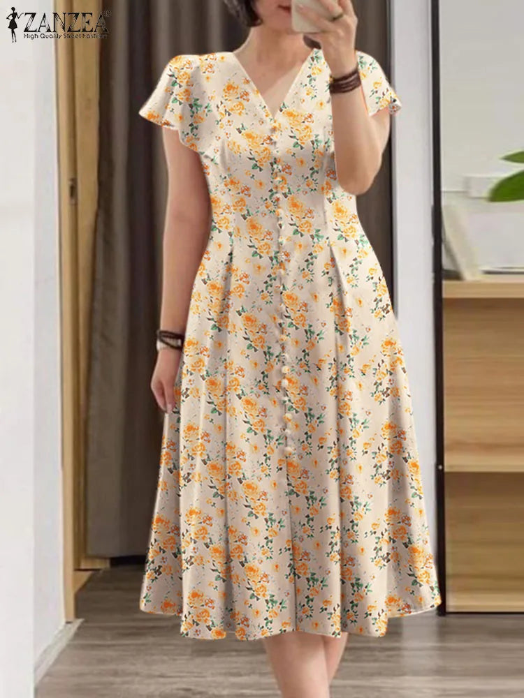 Robe Femme Col V Imprimé Floral All-Over Manches Courtes Volants A-line Bohème – CLEVI Paris
