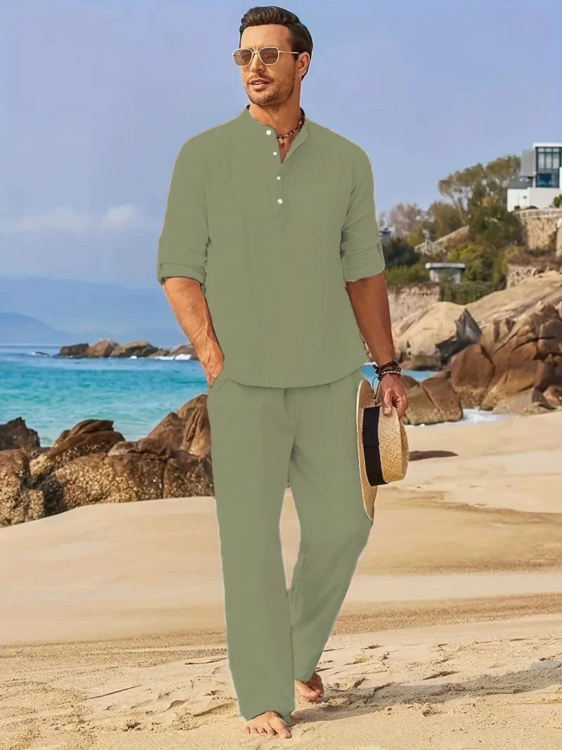 Ensemble Homme Chemise Henley Manches Longues Col Tunisien + Pantalon Taille Élastique Coton Lin Casual Été 8 Coloris – CLEVI Paris