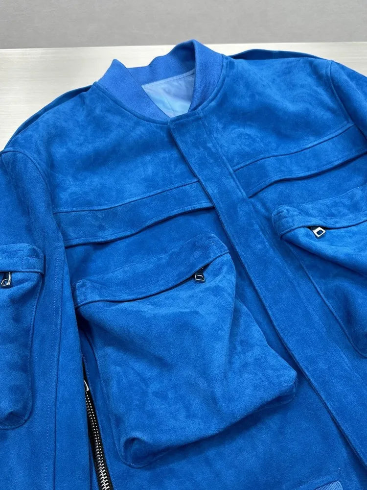 Bomber homme en cuir bleu aspect daim – CLEVI Paris