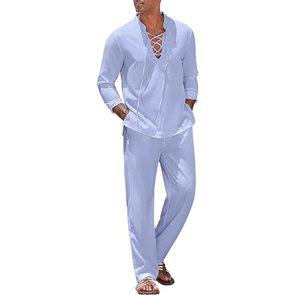 Ensemble Homme Chemise Col Mao Manches Longues + Pantalon Taille Élastique Coton Lin Plage Vacances – CLEVI Paris