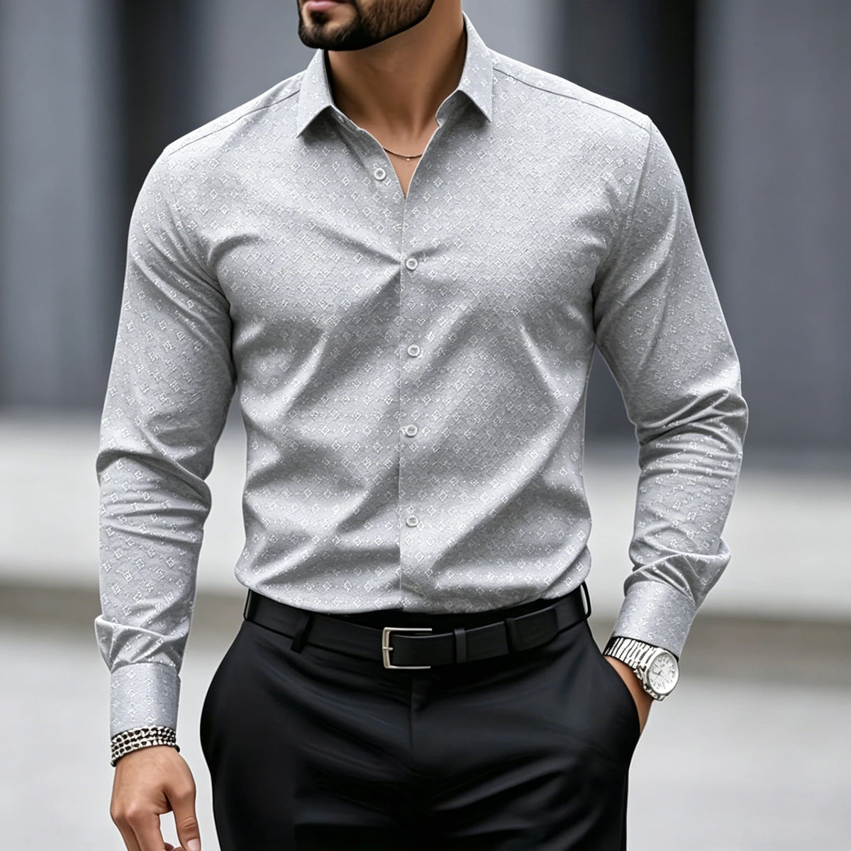 Chemise homme à pois géométriques à manches longues – CLEVI Paris