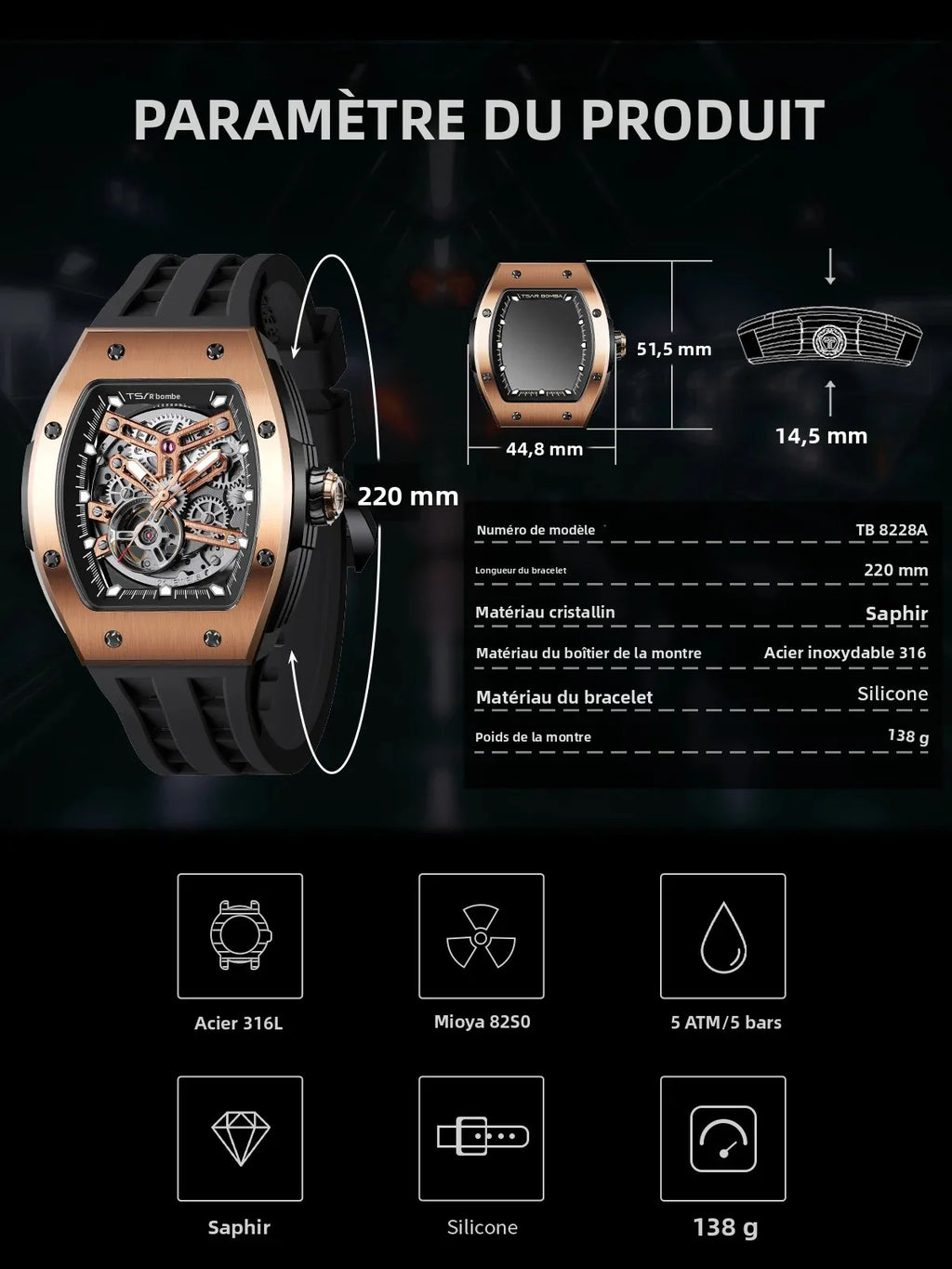 Montre Homme Automatique Squelette Tonneau Cyber Tsar Bomba TB8228A – CLEVI Paris