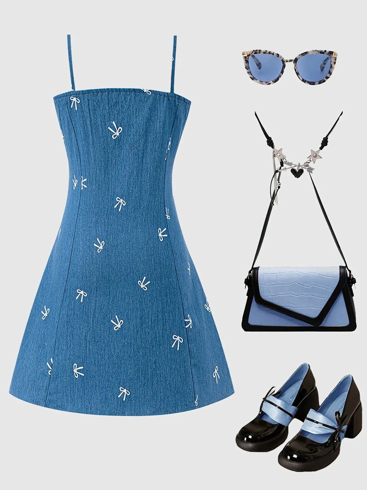 Robe fille bleue à bretelles et nœuds – CLEVI Paris