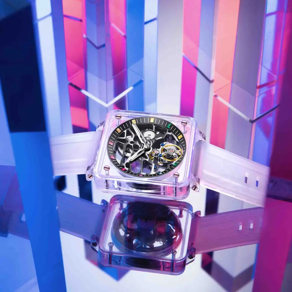 Montre Homme Tourbillon Transparent AESOP 7058G – Squelette Intégral Verre Saphir Étanche Bracelet Caoutchouc – CLEVI Paris