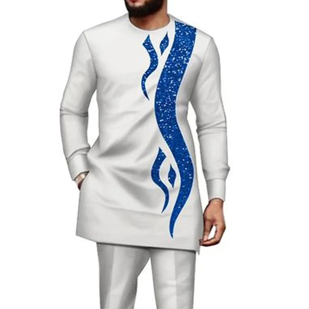 Kaftan Homme 2 Pièces Brodé Floral Col Mao Manches Longues + Pantalon Élastique Style Africain Mariage M-4XL – CLEVI Paris