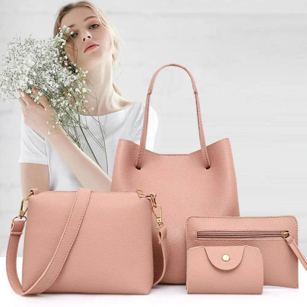 Coffret 4 Pièces Femme PU Texture Litchi Tote + Épaule + Pochette – CLEVI Paris