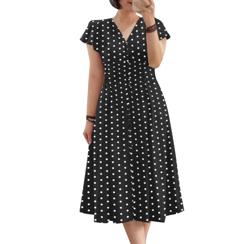 Robe Femme Col V Imprimé Pois Manches Papillon Vintage Mi-Mollet – CLEVI Paris