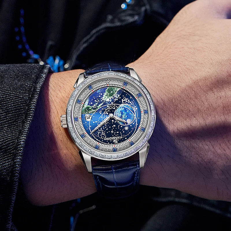 Montre Homme Mécanique Automatique Série Lunaire Acier Verre Saphir Bracelet Cuir Étanche 10 Bars – CLEVI Paris