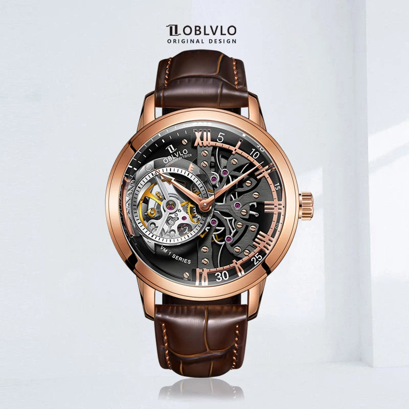 Montre Homme Automatique Squelette Rétro Cuir Veau Oblvlo VM 45mm – CLEVI Paris