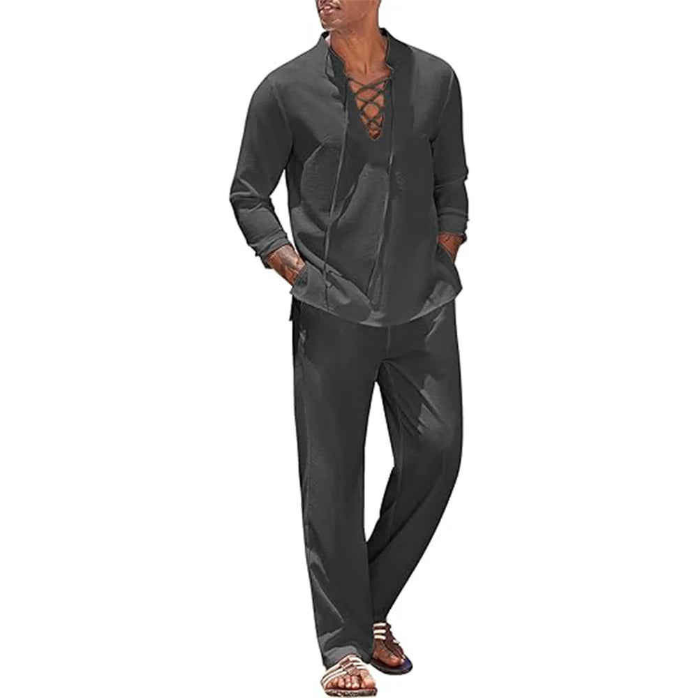 Ensemble Homme Chemise Col Mao Manches Longues + Pantalon Taille Élastique Coton Lin Plage Vacances – CLEVI Paris