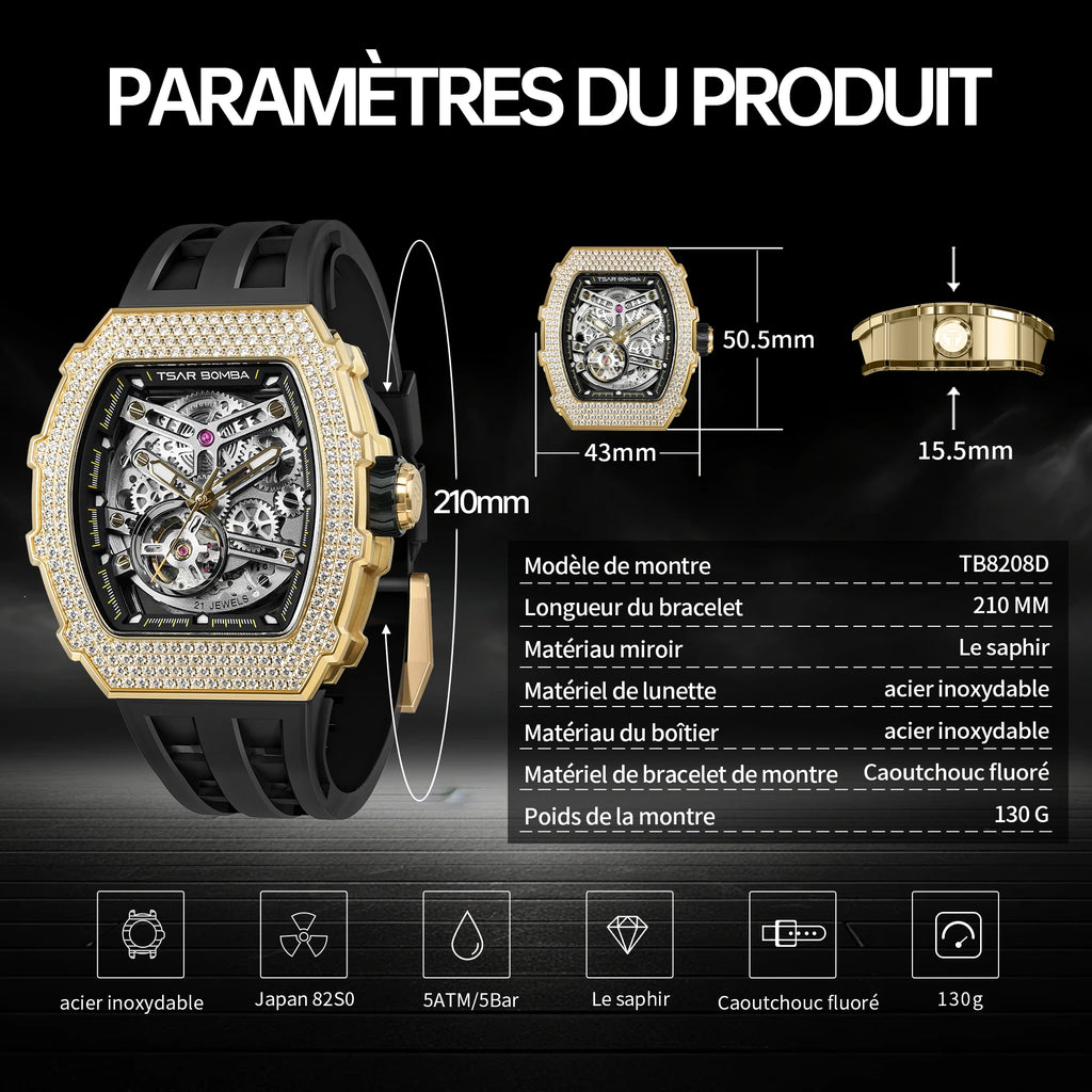 Montre Homme Automatique TSAR BOMBA TB8208D – Miyota Squelette Zircone Verre Saphir Étanche 50m – CLEVI Paris