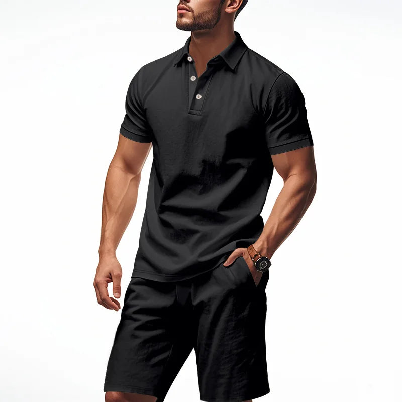 Ensemble 2 Pièces Homme Lin Chemise Polo Manches Courtes + Short Plage Casual Été – CLEVI Paris
