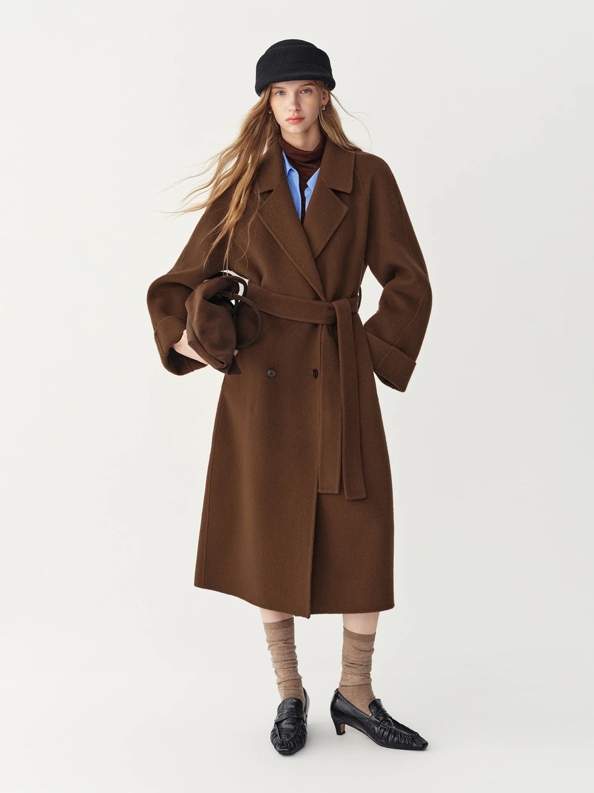 Manteau long ceinturé en laine femme – CLEVI Paris
