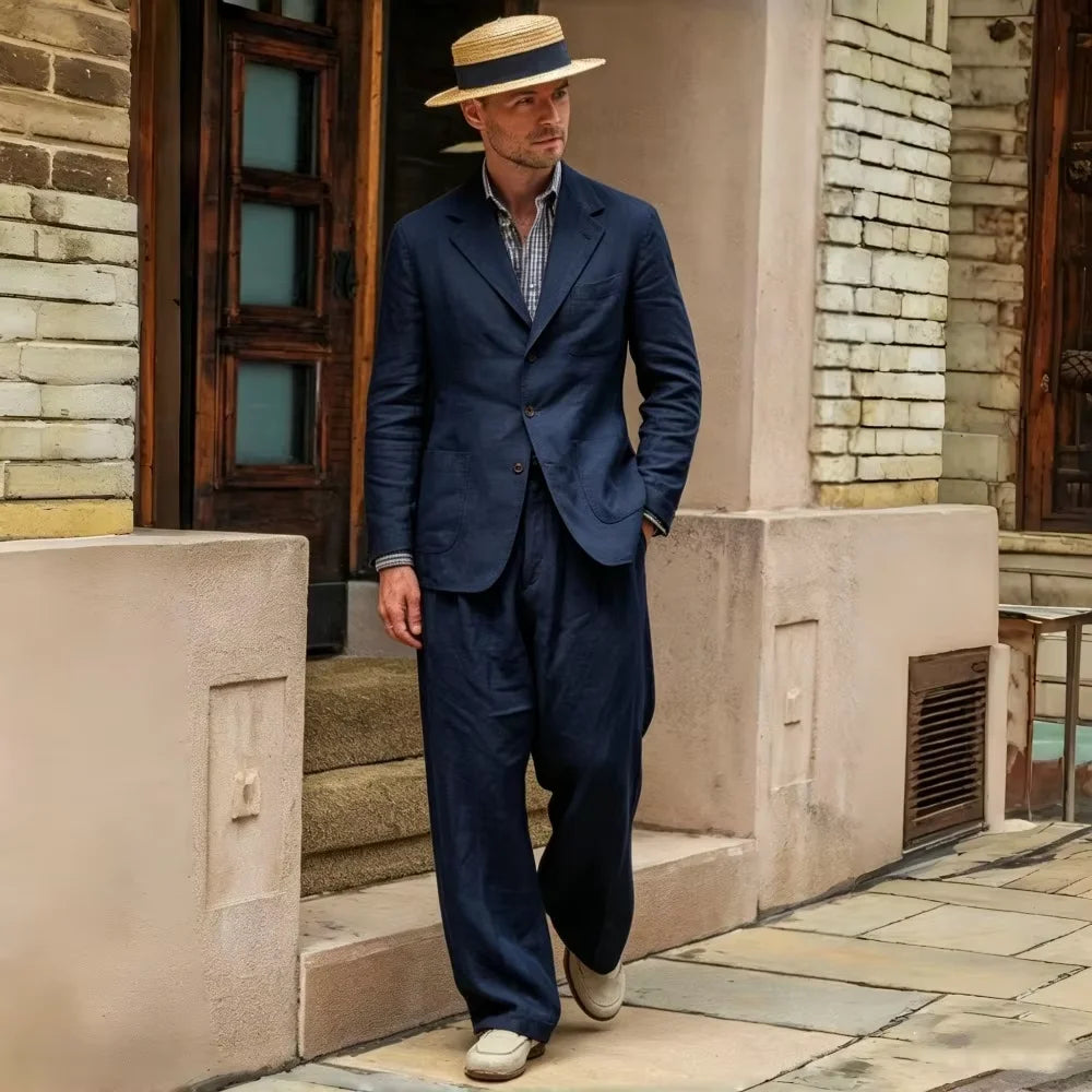 Costume Homme 2 Pièces Lin Coton Blazer Col Cranté + Pantalon Jambe Droite Smart Casual Mariage Été 7 Coloris – CLEVI Paris
